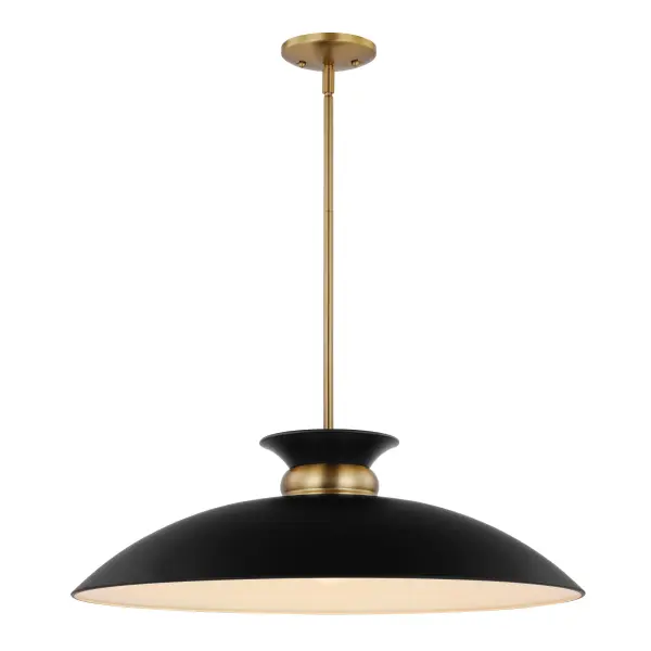 The Perkins large pendant combines understated elegance with eye-catching design through its matte black dome shade accented by a burnished brass band. The white interior maximizes light output while the swirling skirt detail adds visual interest. - alternate view