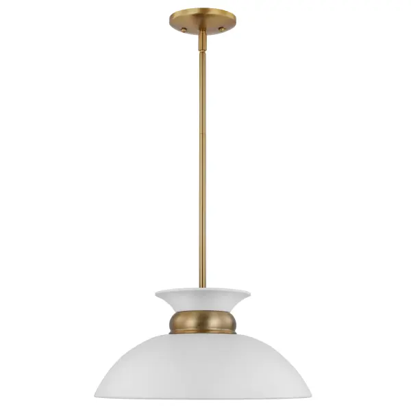 The Perkins small pendant combines understated elegance with refined details. Its shallow dome shade features a decorative burnished brass band that creates visual interest, while the matte white finish ensures versatility across design styles.