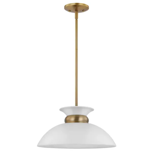 The Perkins small pendant combines understated elegance with refined details. Its shallow dome shade features a decorative burnished brass band that creates visual interest, while the matte white finish ensures versatility across design styles. - alternate view