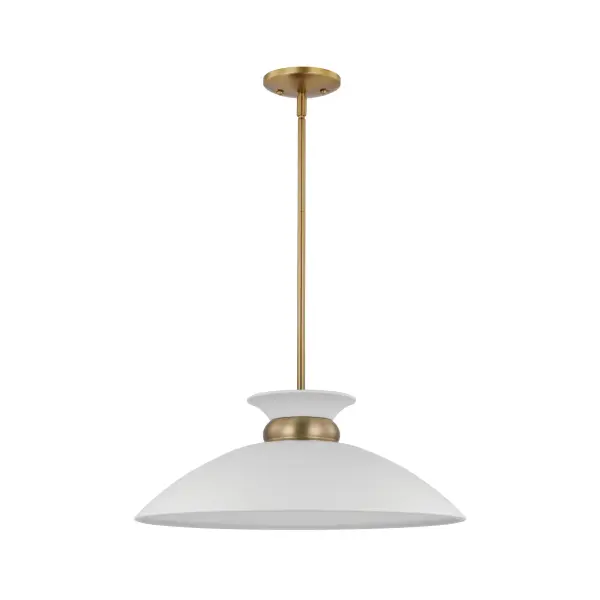 The Perkins pendant combines clean lines with sophisticated detailing. Its matte white dome shade features a distinctive burnished brass band that creates visual interest while maintaining versatility across design styles.