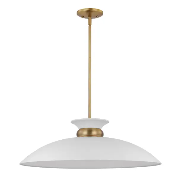 The Perkins large pendant combines understated design with refined details. Its shallow-dome metal shade features a decorative burnished brass band that creates visual interest, while the matte white finish offers versatility.