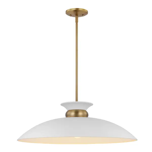 The Perkins large pendant combines understated design with refined details. Its shallow-dome metal shade features a decorative burnished brass band that creates visual interest, while the matte white finish offers versatility. - alternate view