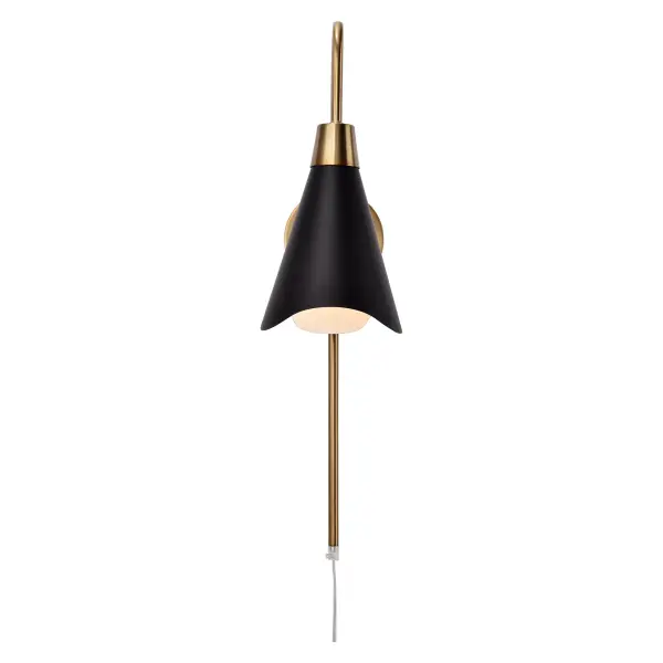 The Tango wall sconce combines matte black metal with burnished brass accents for a sophisticated two-tone look. Its laser-cut wave pattern edge adds subtle visual interest while maintaining clean contemporary lines. - alternate view