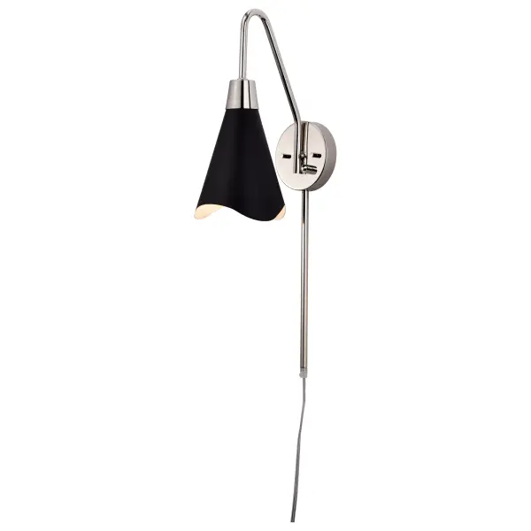 The Tango wall sconce combines matte black and polished nickel finishes for a sophisticated two-tone look. Its laser-cut wave pattern adds subtle visual interest while maintaining clean contemporary lines. - alternate view