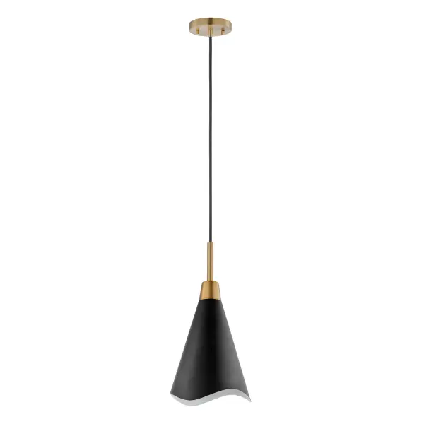 The Tango small pendant combines matte black metal with burnished brass accents for a sophisticated two-tone look. Its laser-cut wave pattern edge adds subtle visual interest while maintaining clean lines. Perfect for multiples over islands or as a statement piece in smaller spaces.