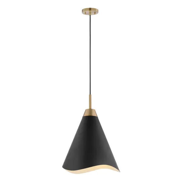The Tango small pendant combines matte black metal with burnished brass accents for a sophisticated two-tone look. Its laser-cut wave pattern edge adds subtle visual interest while maintaining clean lines. Perfect for multiples over islands or as a statement piece in smaller spaces. - alternate view