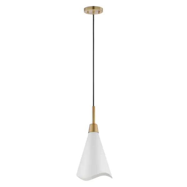 The Tango small pendant combines clean contemporary design with refined brass detailing. Its matte white shade features a laser-cut wave pattern edge, while burnished brass accents add warmth and visual interest.