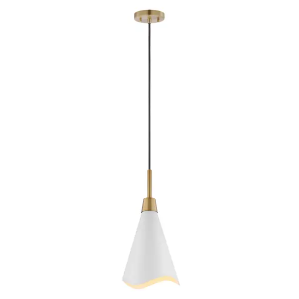 The Tango small pendant combines clean contemporary design with refined brass detailing. Its matte white shade features a laser-cut wave pattern edge, while burnished brass accents add warmth and visual interest. - alternate view