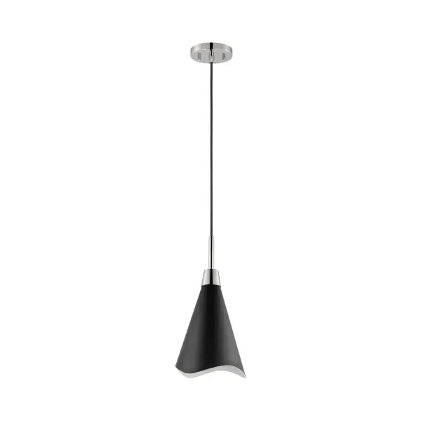 The Tango small pendant combines matte black metal with polished nickel accents for a sophisticated two-tone look. Its laser-cut wave pattern edge adds subtle visual interest while maintaining clean lines.