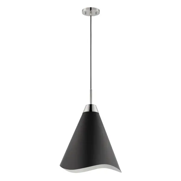 The Tango small pendant combines matte black metal with polished nickel accents for a sophisticated two-tone look. Its laser-cut wave pattern edge adds subtle visual interest while maintaining clean lines. - alternate view