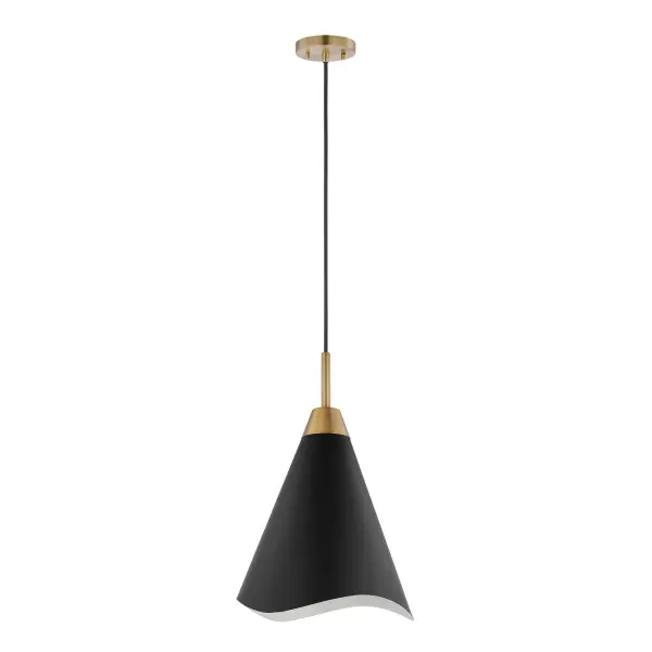 The Tango medium pendant combines matte black metal with burnished brass accents for a refined contemporary look. Its laser-cut wave pattern adds visual interest while the mixed metal finish brings warmth and dimension to any space.