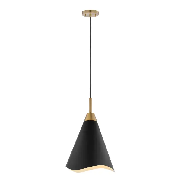 The Tango medium pendant combines matte black metal with burnished brass accents for a refined contemporary look. Its laser-cut wave pattern adds visual interest while the mixed metal finish brings warmth and dimension to any space. - alternate view