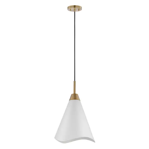 The Tango medium pendant combines clean contemporary lines with sophisticated brass accents and laser-cut wave detailing. Its matte white finish provides versatility while burnished brass adds warmth and visual interest.