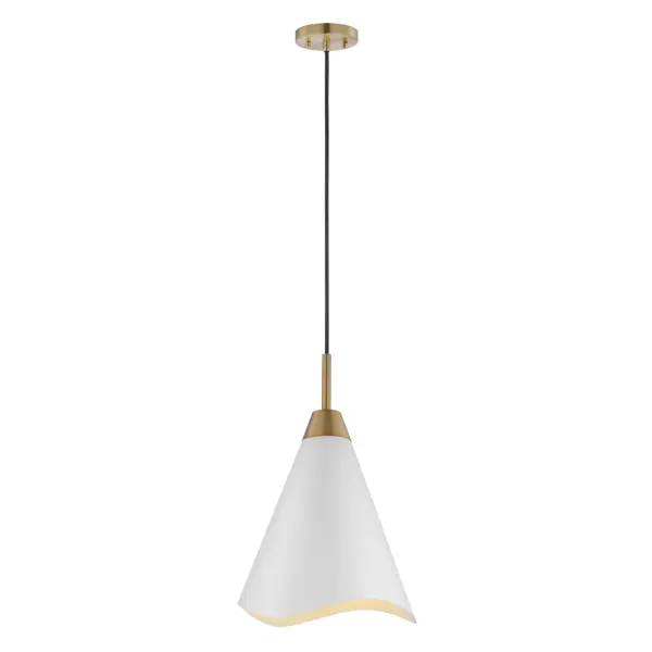 The Tango medium pendant combines clean contemporary lines with sophisticated brass accents and laser-cut wave detailing. Its matte white finish provides versatility while burnished brass adds warmth and visual interest. - alternate view