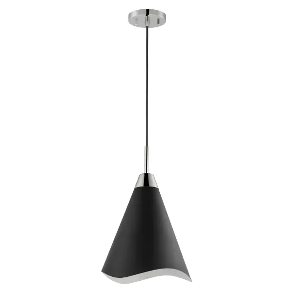 The Tango medium pendant combines matte black metal with polished nickel accents for a refined contemporary look. Its laser-cut wave pattern edge adds subtle visual interest while maintaining clean lines. Versatile sizing works beautifully over kitchen islands, dining tables, or in hallways.