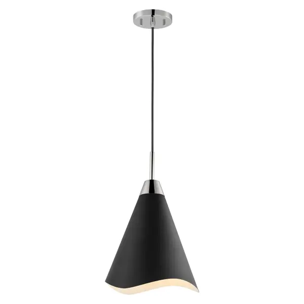 The Tango medium pendant combines matte black metal with polished nickel accents for a refined contemporary look. Its laser-cut wave pattern edge adds subtle visual interest while maintaining clean lines. Versatile sizing works beautifully over kitchen islands, dining tables, or in hallways. - alternate view
