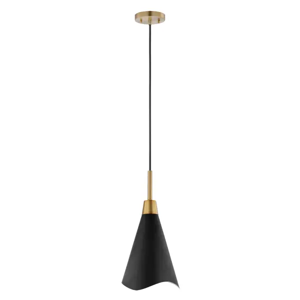 The Tango large pendant combines matte black metal with burnished brass accents for a sophisticated look. Its laser-cut wave pattern shade adds visual interest while the mixed metal finish brings warmth and dimension to any space.