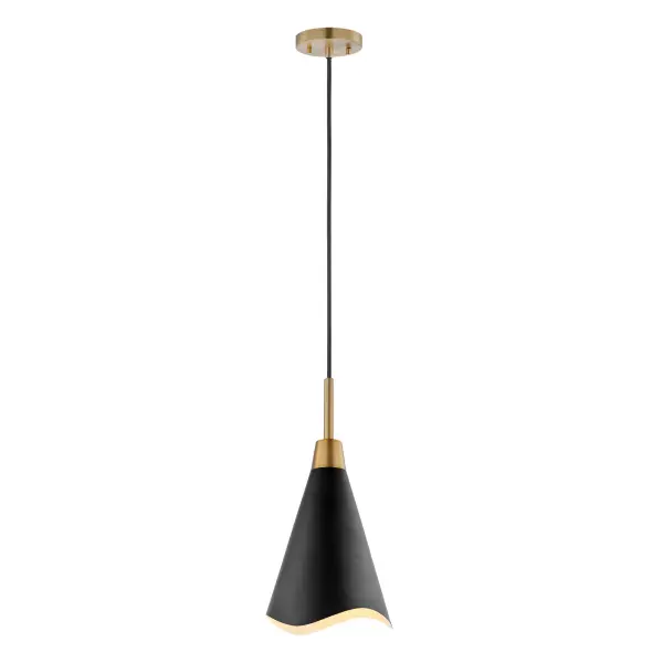 The Tango large pendant combines matte black metal with burnished brass accents for a sophisticated look. Its laser-cut wave pattern shade adds visual interest while the mixed metal finish brings warmth and dimension to any space. - alternate view