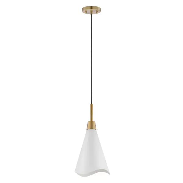 The Tango large pendant combines clean contemporary design with refined brass detailing. Its matte white shade features a laser-cut wave pattern edge, while burnished brass accents add warmth and visual interest to any space.