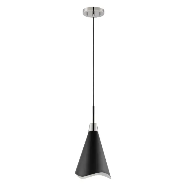 The Tango large pendant combines matte black and polished nickel finishes for a refined contemporary look. Its laser-cut wave pattern edge adds subtle visual interest while maintaining clean lines.