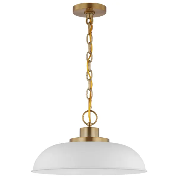 The Colony small pendant combines loft-style industrial design with refined elegance. Its matte white finish and burnished brass details create a flexible fixture that works beautifully in kitchens, dining areas, and bedrooms.