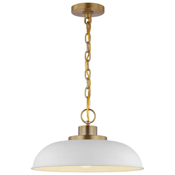 The Colony small pendant combines loft-style industrial design with refined elegance. Its matte white finish and burnished brass details create a flexible fixture that works beautifully in kitchens, dining areas, and bedrooms. - alternate view