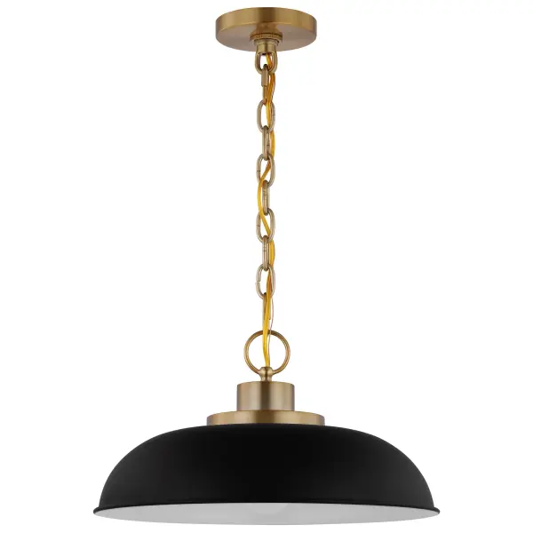 The Colony small pendant combines loft-style industrial design with refined brass detailing. Its neutral matte black finish and clean lines make it adaptable to multiple spaces, while the white interior maximizes light reflection.