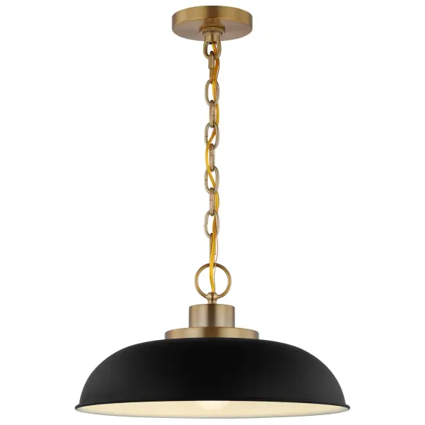 The Colony small pendant combines loft-style industrial design with refined brass detailing. Its neutral matte black finish and clean lines make it adaptable to multiple spaces, while the white interior maximizes light reflection. - alternate view