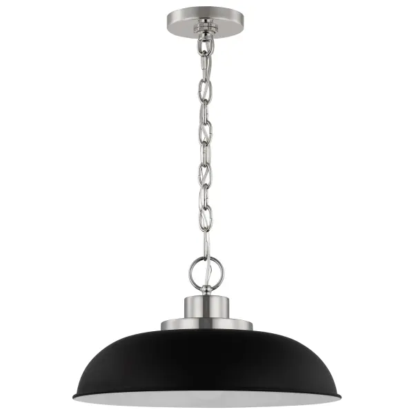 The Colony small pendant combines industrial loft-style design with refined elegance through its matte black shade and polished nickel accents. Perfect for eat-in kitchens and dining areas, offering focused downlight.