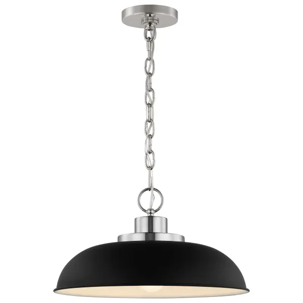 The Colony small pendant combines industrial loft-style design with refined elegance through its matte black shade and polished nickel accents. Perfect for eat-in kitchens and dining areas, offering focused downlight. - alternate view