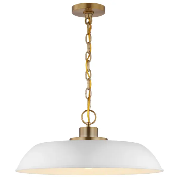 The Colony pendant combines loft-style industrial design with refined brass detailing. Its neutral matte white finish and clean lines make it adaptable to various spaces, from eat-in kitchens to bedrooms. - alternate view