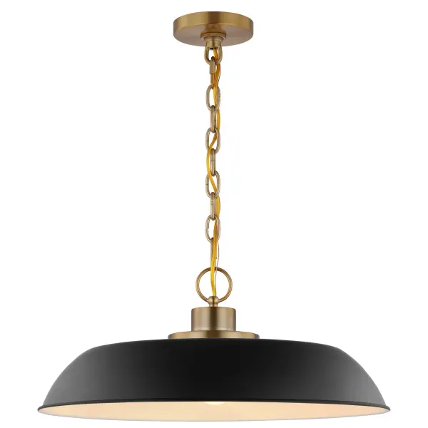 The Colony pendant combines loft-style industrial design with refined brass detailing. Its neutral matte black shade with white interior maximizes light reflection, while burnished brass accents add warmth and sophistication. - alternate view