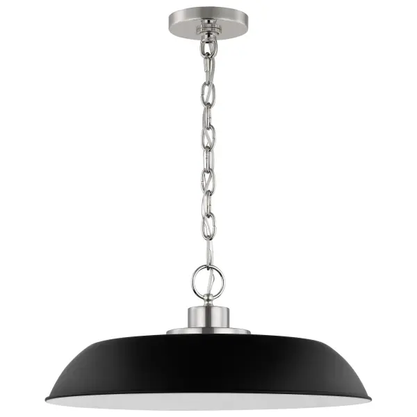 The Colony pendant combines loft-style industrial design with refined elegance through its matte black shade and polished nickel accents. Clean lines and neutral styling make it adaptable to multiple spaces.