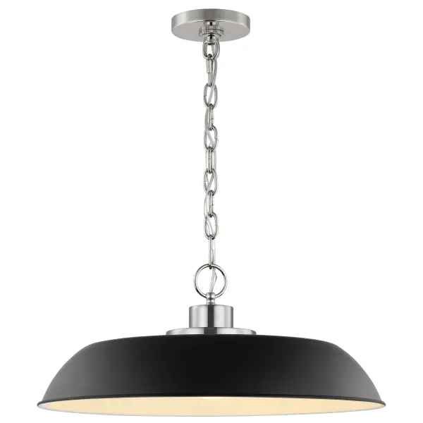 The Colony pendant combines loft-style industrial design with refined elegance through its matte black shade and polished nickel accents. Clean lines and neutral styling make it adaptable to multiple spaces. - alternate view