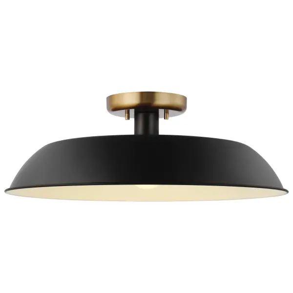 The Colony semi-flush combines loft-style industrial design with transitional elegance. Its matte black shallow pan shade features a white interior for optimal light reflection, while burnished brass accents add warmth. - alternate view