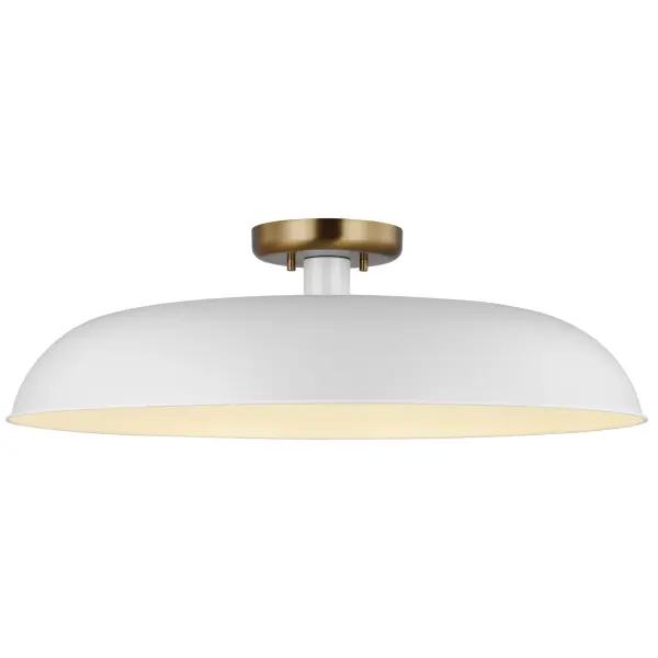 The Colony semi-flush combines neutral matte white with burnished brass for a flexible design that works in multiple spaces. Its shallow profile and loft-style aesthetic make it ideal for rooms with standard ceiling heights. - alternate view