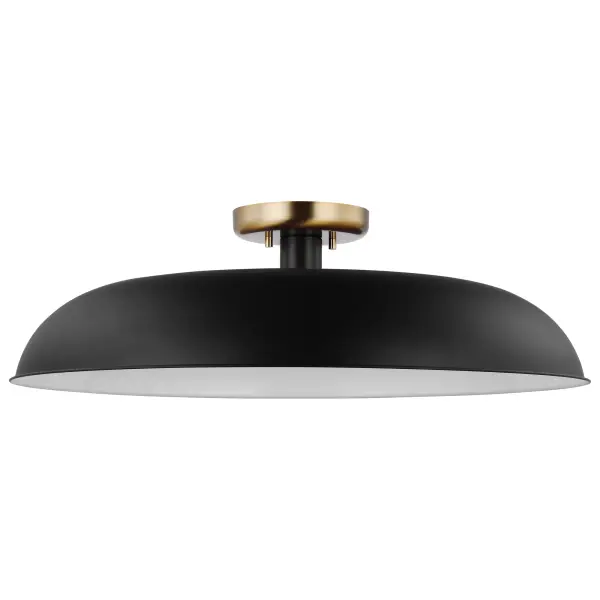 The Colony semi-flush combines loft-style industrial design with transitional elegance. Its matte black shallow pan shade features a white interior for optimal light reflection, while burnished brass accents add warmth.