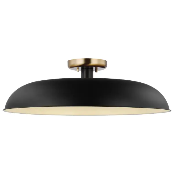 The Colony semi-flush combines loft-style industrial design with transitional elegance. Its matte black shallow pan shade features a white interior for optimal light reflection, while burnished brass accents add warmth. - alternate view