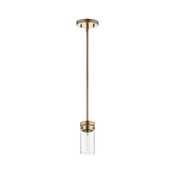 The Intersection mini pendant blends modern, industrial, and chic design elements with a cylindrical clear glass shade that beautifully showcases vintage filament bulbs. The rich burnished brass finish adds warmth and pairs well with existing fixtures.