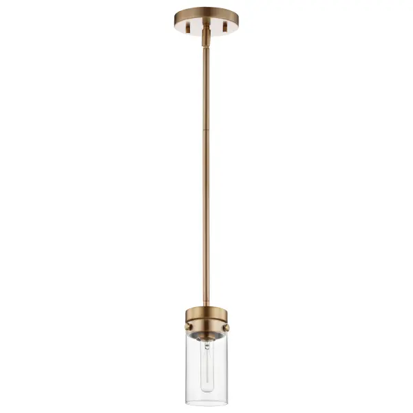 The Intersection mini pendant blends modern, industrial, and chic design elements with a cylindrical clear glass shade that beautifully showcases vintage filament bulbs. The rich burnished brass finish adds warmth and pairs well with existing fixtures. - alternate view