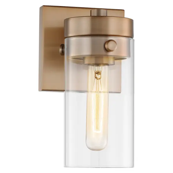 The Intersection vanity fixture blends modern, industrial, and chic design elements with a burnished brass finish and clear glass shade. Perfect for showcasing vintage filament bulbs while adding warmth to bathrooms and entryways. - alternate view