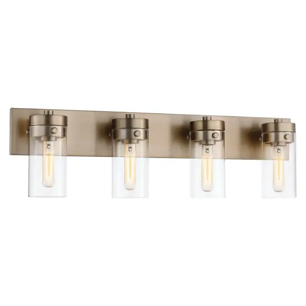 The Intersection vanity fixture blends modern, industrial, and chic design elements with cylindrical clear glass shades that showcase vintage filament bulbs. The rich burnished brass finish adds warmth and pairs beautifully with existing fixtures. - alternate view
