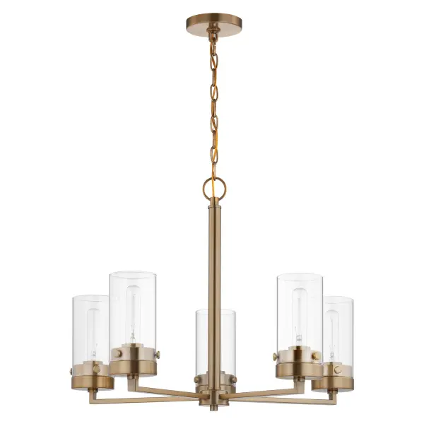 The Intersection chandelier masterfully blends industrial, modern, and chic design elements with cylindrical clear glass shades and burnished brass finish. Perfect for showcasing vintage filament bulbs while adding warmth and character to dining rooms or kitchen islands. - alternate view