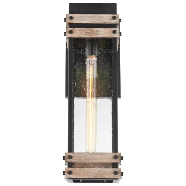 The Homestead wall lantern blends vintage industrial design with farmhouse warmth through its matte black metal cage, wood accents, and seeded glass. Perfect for ranch-style to modern homes seeking authentic outdoor character. - alternate view