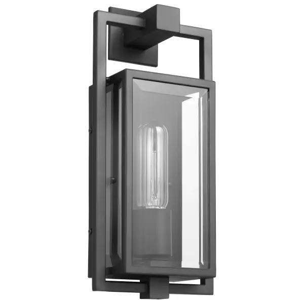 The Exhibit small wall lantern combines contemporary styling with classic details. Its floating rectangular frame in matte black finish and clear beveled glass panels create an elegant outdoor lighting solution that works beautifully with vintage bulbs.