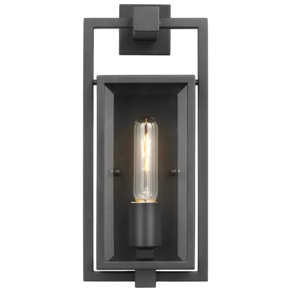 The Exhibit small wall lantern combines contemporary styling with classic details. Its floating rectangular frame in matte black finish and clear beveled glass panels create an elegant outdoor lighting solution that works beautifully with vintage bulbs. - alternate view