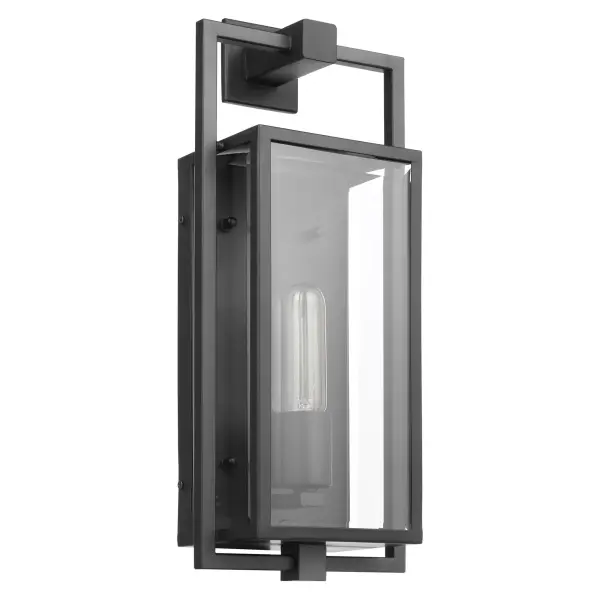 The Exhibit wall lantern combines contemporary styling with versatile design. Its floating rectangular frame in matte black and clear beveled glass panels create a sophisticated look that complements various architectural styles.