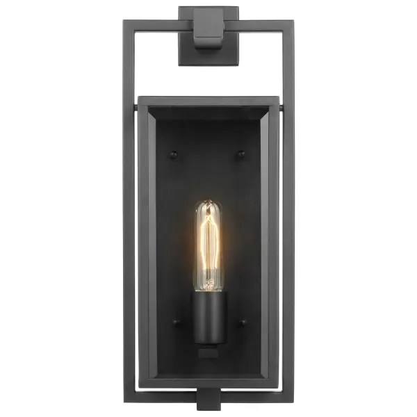 The Exhibit wall lantern combines contemporary styling with versatile design. Its floating rectangular frame in matte black and clear beveled glass panels create a sophisticated look that complements various architectural styles. - alternate view