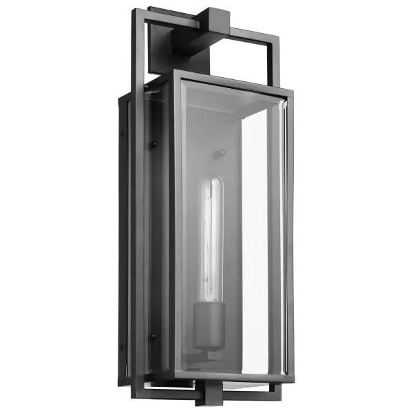 The Exhibit wall lantern combines contemporary styling with practical outdoor illumination. Its floating rectangular frame in matte black creates a sophisticated look, while clear beveled glass panels maximize light output.