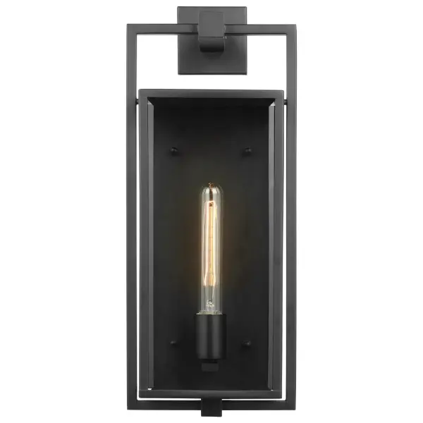 The Exhibit wall lantern combines contemporary styling with practical outdoor illumination. Its floating rectangular frame in matte black creates a sophisticated look, while clear beveled glass panels maximize light output. - alternate view